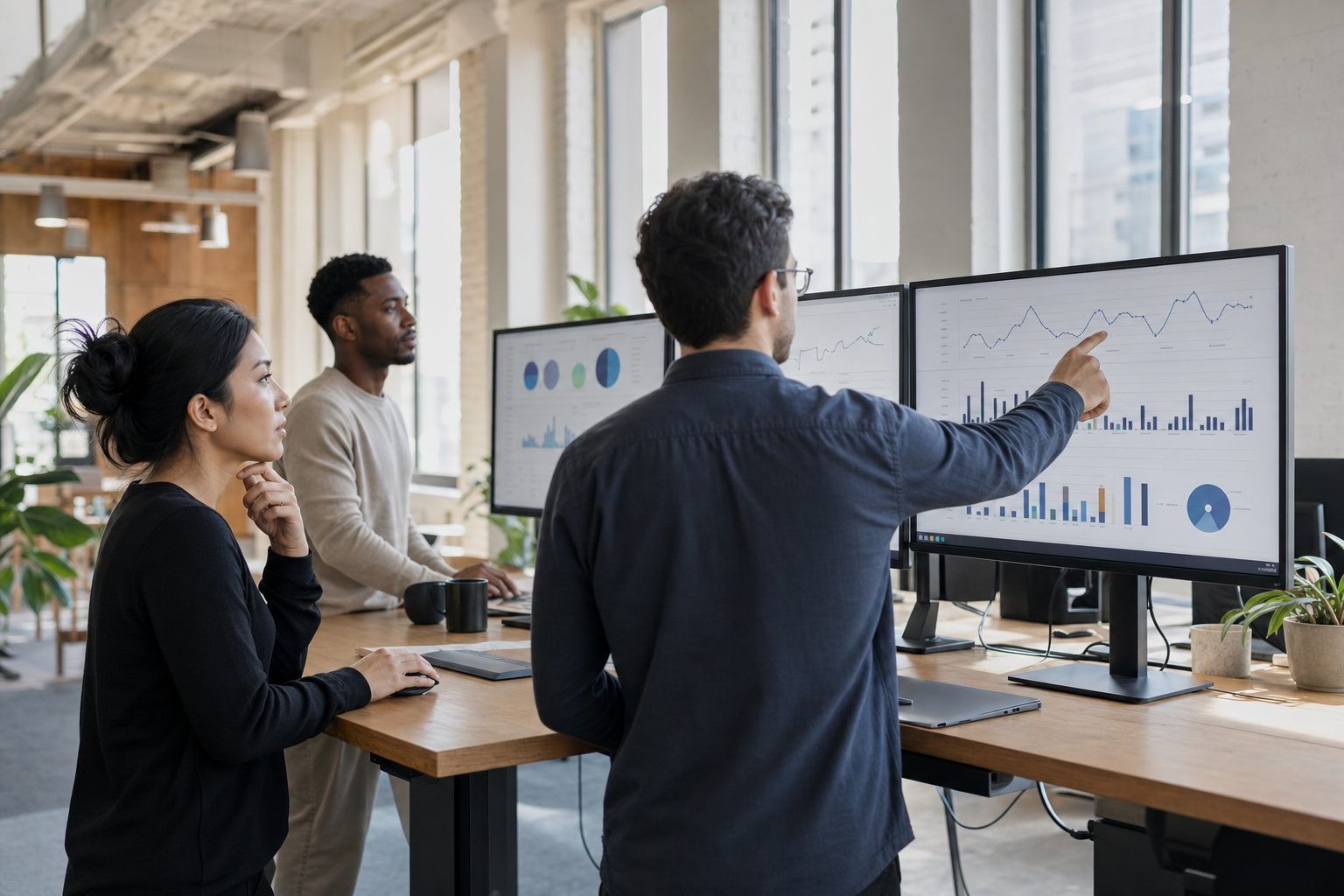 Operations team reviewing marketplace performance on large monitors