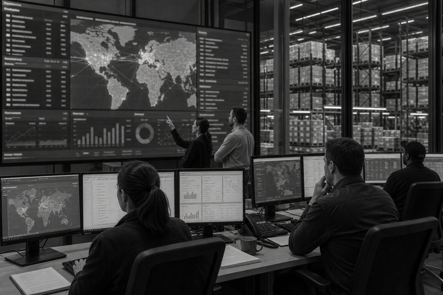 Operations control room overlooking warehouse systems and live logistics displays